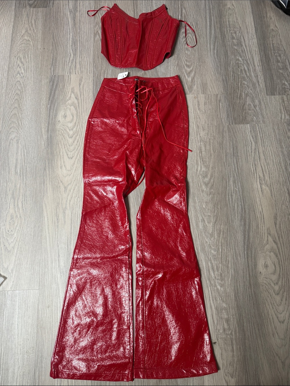 Red Lace-Up Faux Leather Flared Pants + Top
